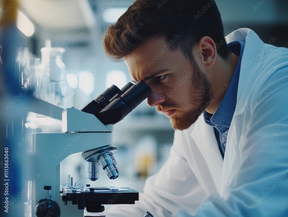 Man in a lab coat is looking through a microscope. He is focused on the object in front of him, and his expression suggests that he is deeply engaged in his work. Concept of scientific curiosity Man in a lab coat is looking through a microscope. He is focused on the object in front of him, and his expression suggests that he is deeply engaged in his work. Concept of scientific curiosity