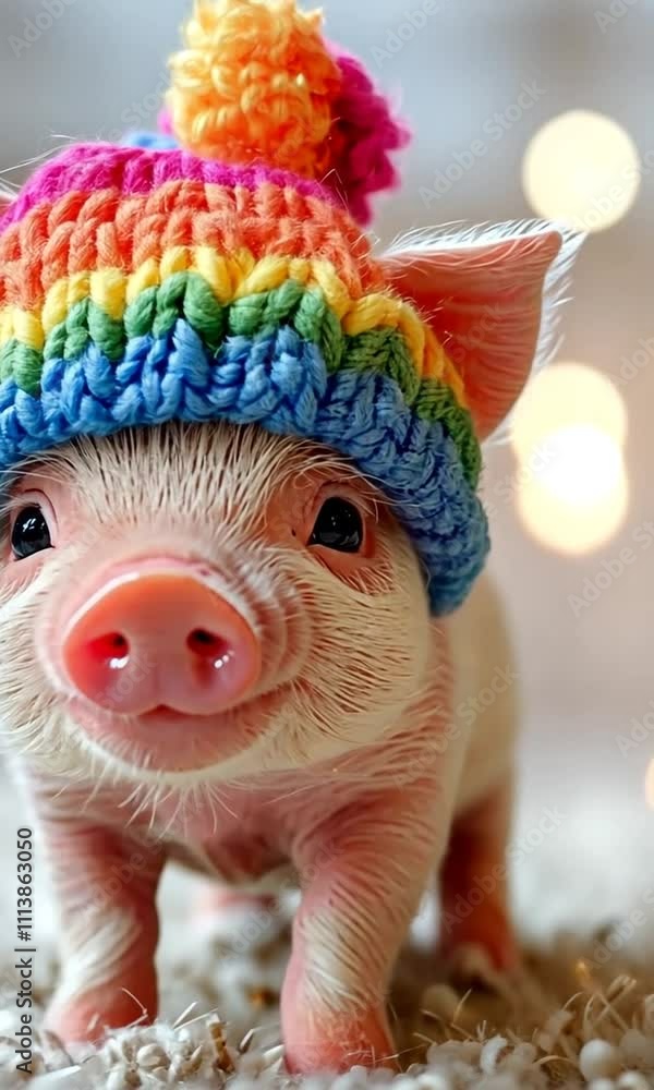 A cute piglet wearing a colorful knitted hat, adding a playful touch to the scene. A cute piglet wearing a colorful knitted hat, adding a playful touch to the scene.
