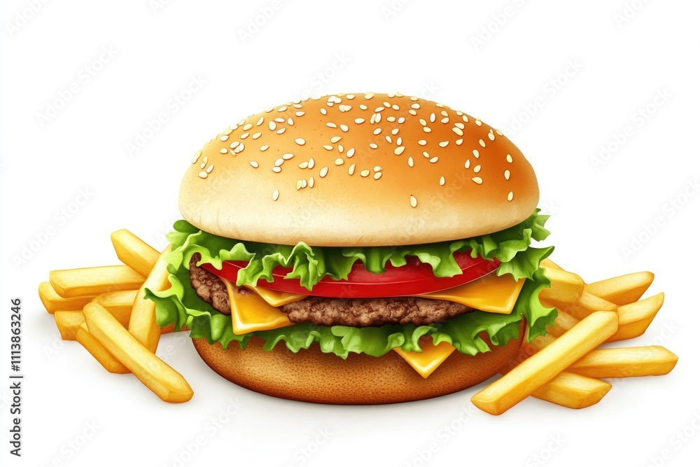 Hamburger with lettuce, tomato, and cheese sits on a plate with french fries. The burger is large and he is freshly made. The fries are golden and crispy, and they are scattered around the burger Hamburger with lettuce, tomato, and cheese sits on a plate with french fries. The burger is large and he is freshly made. The fries are golden and crispy, and they are scattered around the burger