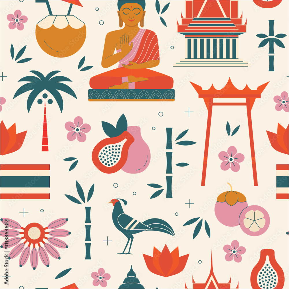 Travel to Thailand and Bangkok Vintage Seamless Pattern