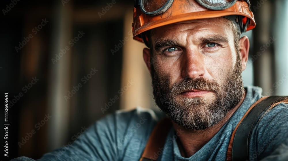 Fototapeta premium The image features a determined construction worker, fully equipped with a helmet and goggles, symbolizing the dedication and resilience required in the building industry.