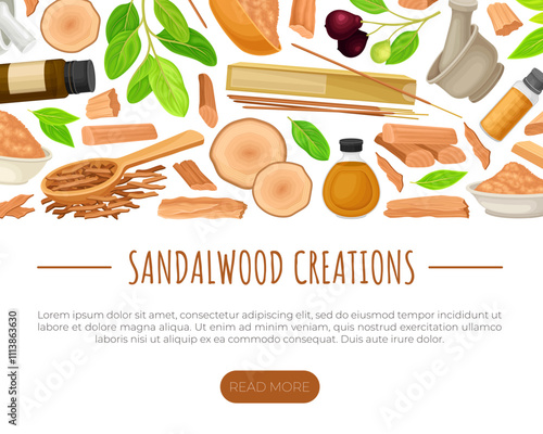 Sandalwood Banner Design with Fragrant Sticks and Essential Oil Vector Template