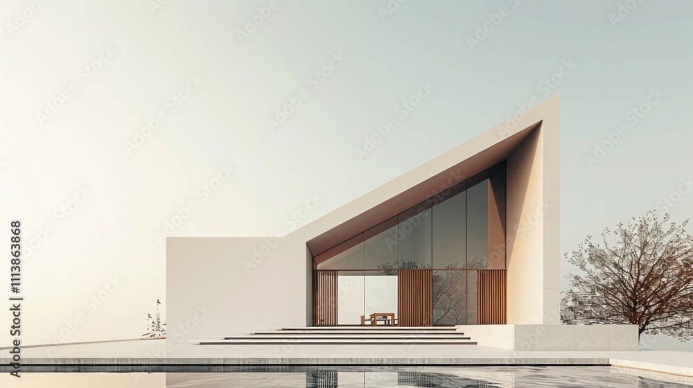 Modern architectural design featuring a sleek, angular structure with large glass elements. Modern architectural design featuring a sleek, angular structure with large glass elements.