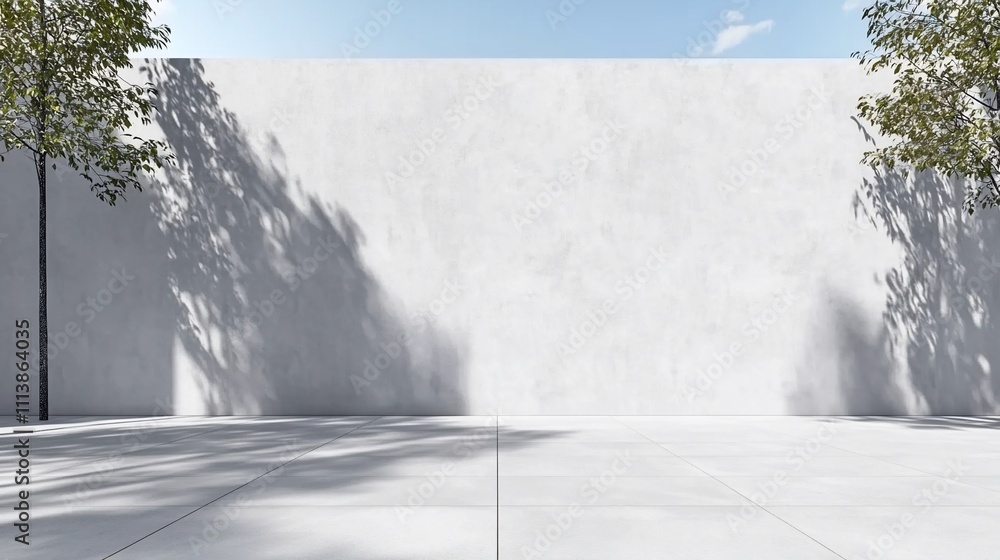 Minimalist outdoor space with a blank wall and trees casting shadows. Minimalist outdoor space with a blank wall and trees casting shadows.