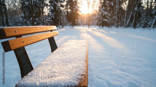 Wallpaper Mural A peaceful winter park scene with a snow-covered bench illuminated by the golden glow of sunset, evoking feelings of calm and introspection in a frozen wonderland. Torontodigital.ca