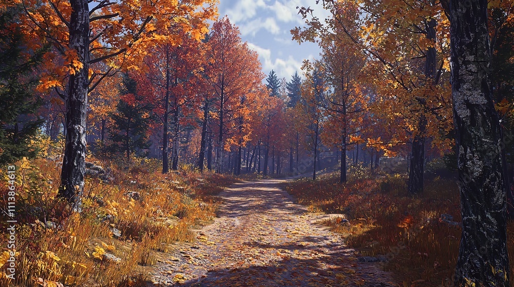 Colorful trees and footpath road in autumn landscape Colorful trees and footpath road in autumn landscape