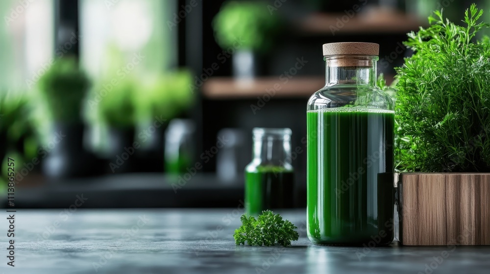 A clear glass bottle of vibrant green juice stands alongside fresh parsley, epitomizing the concept of botanical health in a natural and refreshing environment. A clear glass bottle of vibrant green juice stands alongside fresh parsley, epitomizing the concept of botanical health in a natural and refreshing environment.
