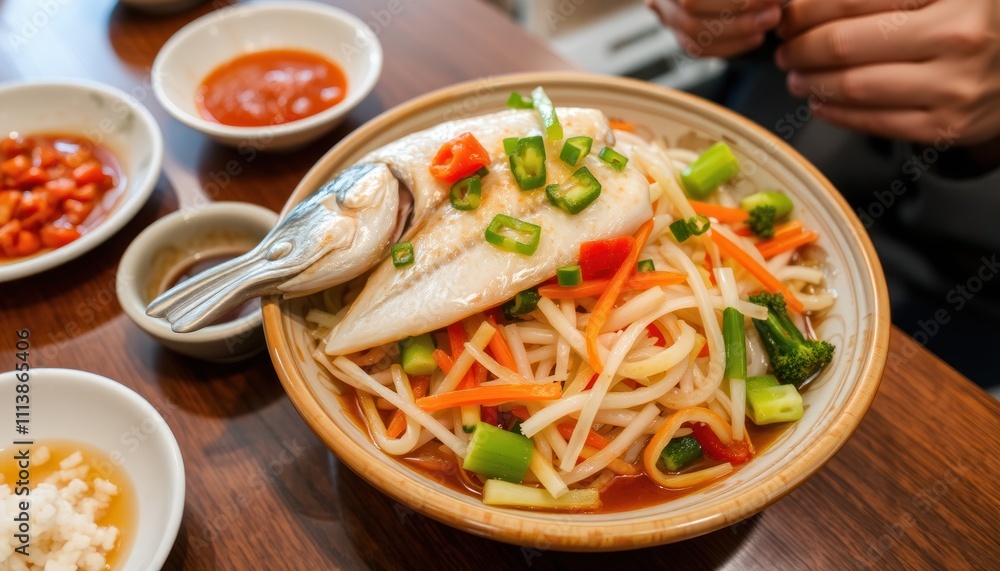 Fish noodles dish with vegetables and sauces on a table. Fish noodles dish with vegetables and sauces on a table.