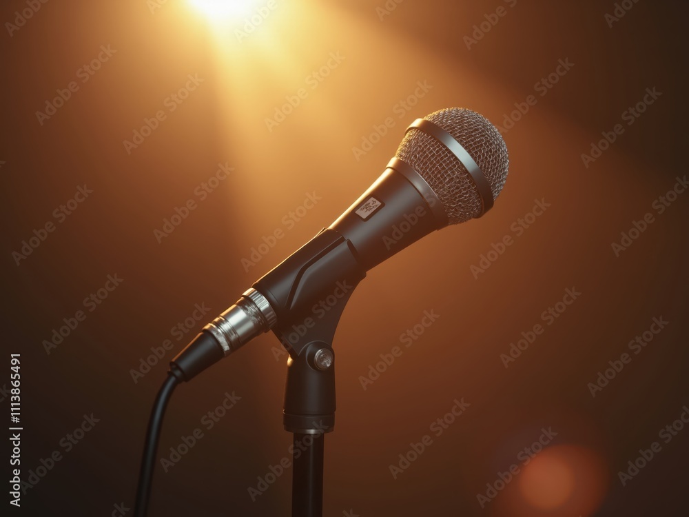 Obraz premium Microphone on stage awaiting performer under warm light