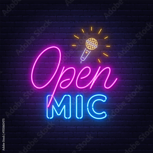 Open Mic Neon Sign on brick wall background. Light logo for a standup show