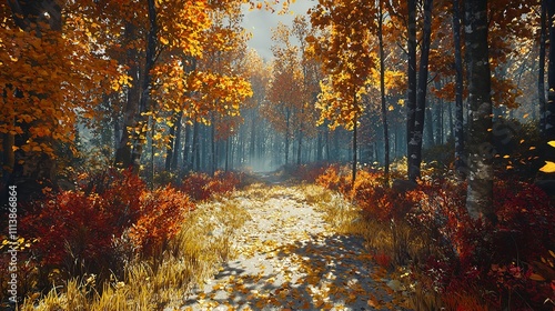 Colorful trees and footpath road in autumn landscape