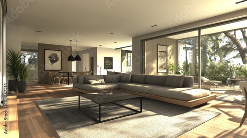 Modern living room interior design featuring large windows and natural light in a serene setting