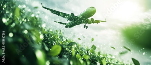 An airplane flying above lush greenery, symbolizing eco-friendly travel and sustainability. photo