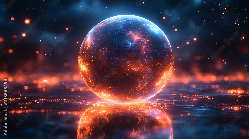 A glowing holographic sphere with vibrant refractive patterns creating an ethereal sci-fi effect A glowing holographic sphere with vibrant refractive patterns creating an ethereal sci-fi effect