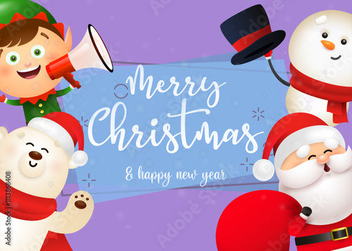 Christmas postcard design with cute Santa, snowman, polar bear, elf holding megaphone on purple background. Vector illustration for New Year poster, greeting card, party invitation templates