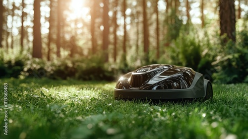 A robotic lawn mower operates efficiently in a sunlit forest, autonomously cutting grass. Its streamlined design and eco-friendly function symbolize technological progress. photo