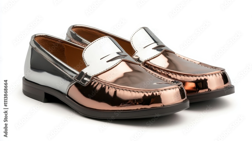 Fototapeta premium Elegant metallic penny loafers in shiny copper and silver color accents, add a sophisticated and versatile touch of luxury to any wardrobe for modern fashion lovers.