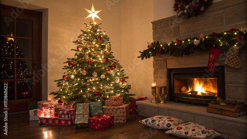 Festive holiday Christmas gift paper box under tree atmosphere featuring a sparkling Christmas tree beside the inviting flicker of hearth flames.