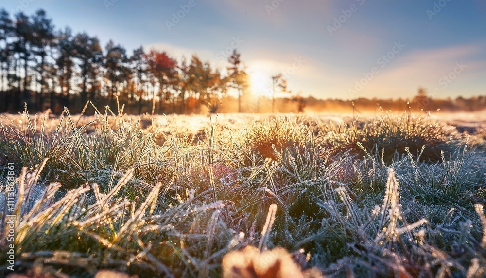 Fototapeta premium The ground crunches softly underfoot with frost.