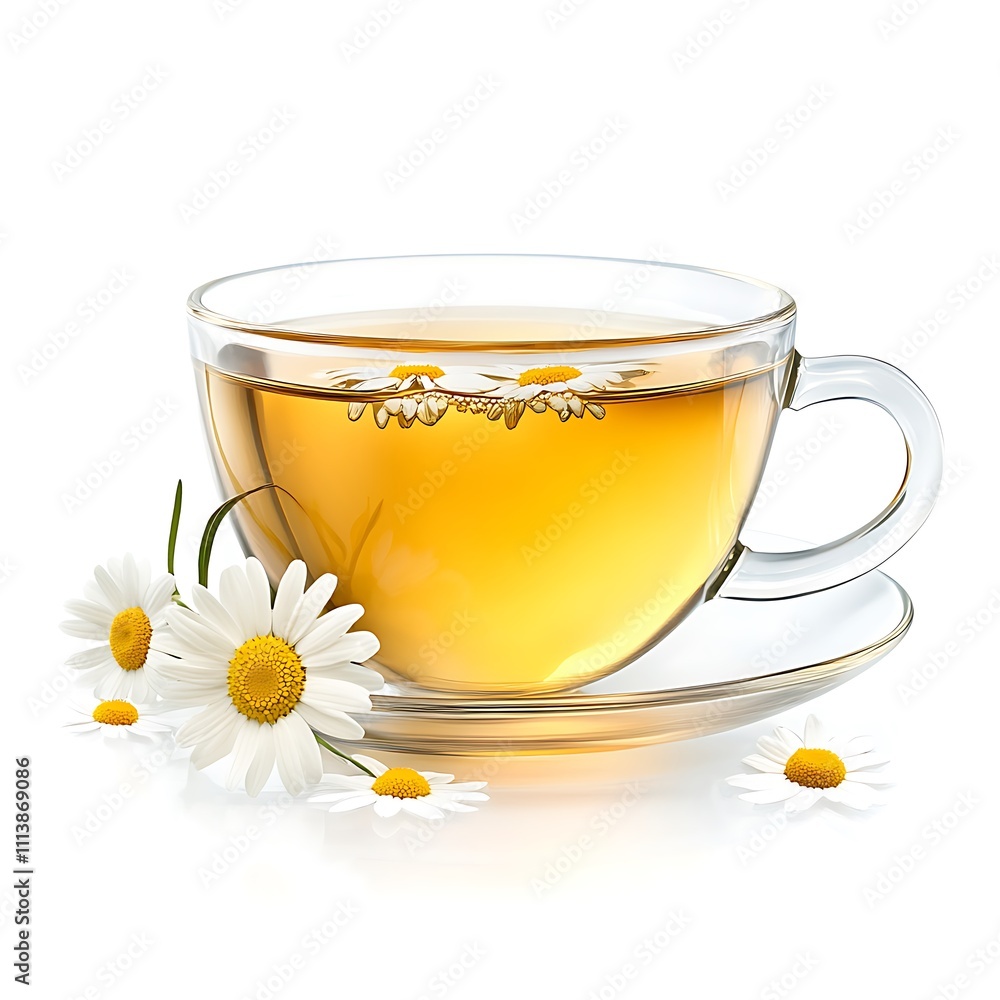 Chamomile tea in glass cup isolated on white background Chamomile tea in glass cup isolated on white background