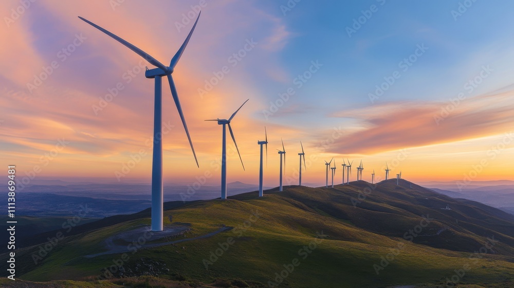 Obraz premium Wind turbines line a hillside as the sun sets, highlighting the potential of wind power as a renewable energy source.