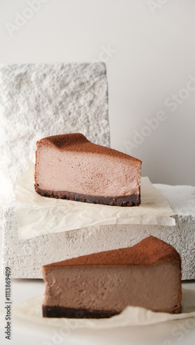 Close-up of a fork breaking a chocolate cake. chocolate cheesecake on a light background