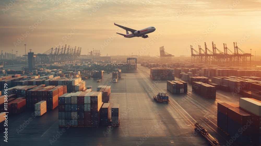 Majestic Aerial View of a Bustling Seaport at Sunset Majestic Aerial View of a Bustling Seaport at Sunset