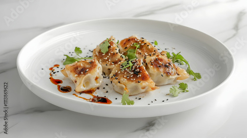 Pan Fried Vegetable Gyoza with Chili Oil and Scallions, Asian Appetizer Photography