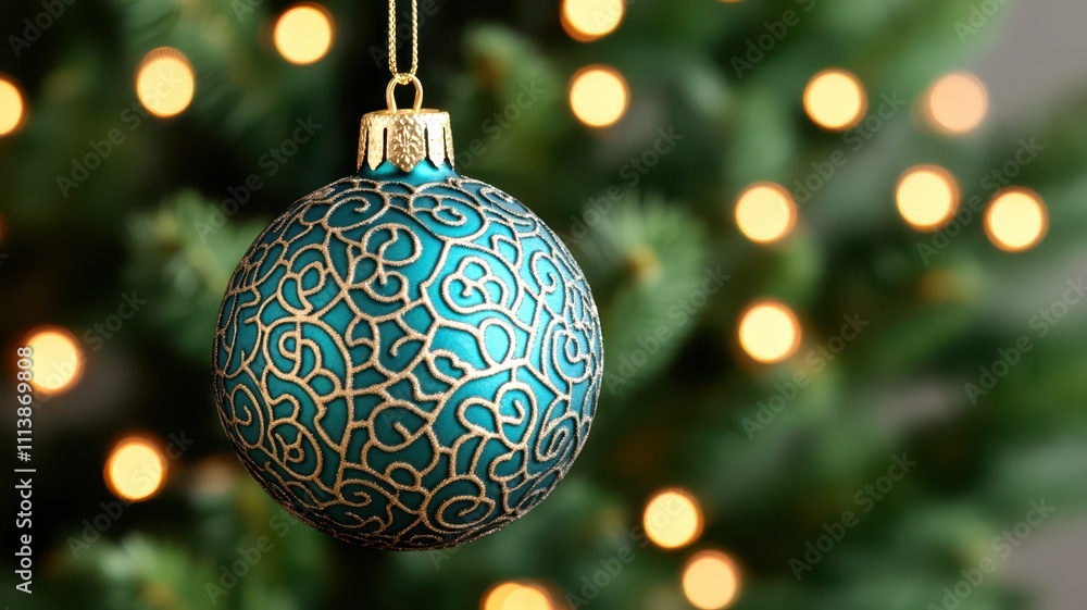 A beautifully designed teal ornament hangs from a Christmas tree, surrounded by soft glowing lights, creating a festive and elegant atmosphere. A beautifully designed teal ornament hangs from a Christmas tree, surrounded by soft glowing lights, creating a festive and elegant atmosphere.