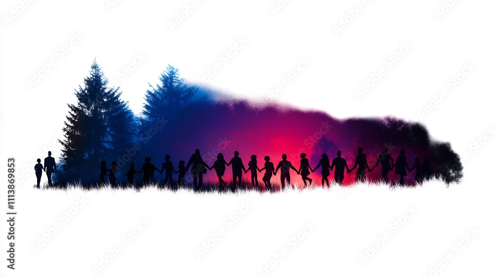 Silhouetted family group holding hands at sunset, forest background. Silhouetted family group holding hands at sunset, forest background.