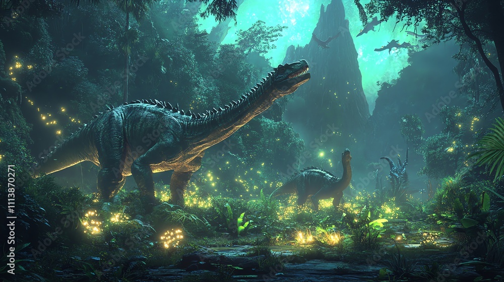 Fototapeta premium A dinosaur stands in a jungle at night with fireflies.