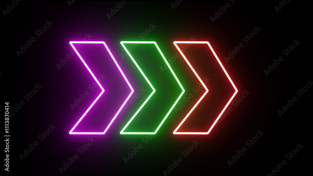 Right arrow for road direction. Glowing red neon light traffic directional arrows sign. Right arrow for road direction. Glowing red neon light traffic directional arrows sign.