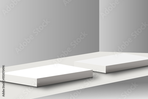 Two rectangular white product stands placed on a table, blank white product studio background, stage, podium, for presentation vector illustration design for display cosmetic or beauty product