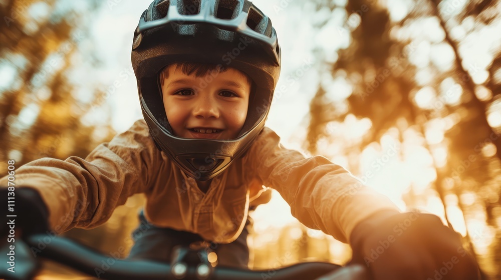 A young child wearing a helmet, joyfully rides a bicycle along a sunlit forest path, capturing a sense of adventure, childhood joy, and the beauty of nature. A young child wearing a helmet, joyfully rides a bicycle along a sunlit forest path, capturing a sense of adventure, childhood joy, and the beauty of nature.