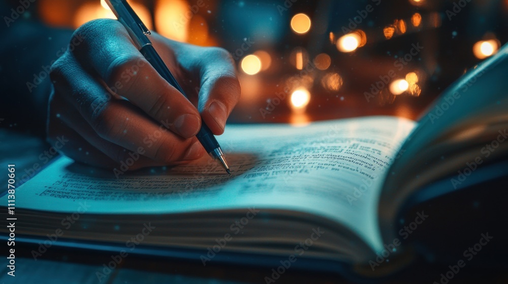 Night Writer, Pen on Open Book, Cozy Atmosphere Night Writer, Pen on Open Book, Cozy Atmosphere