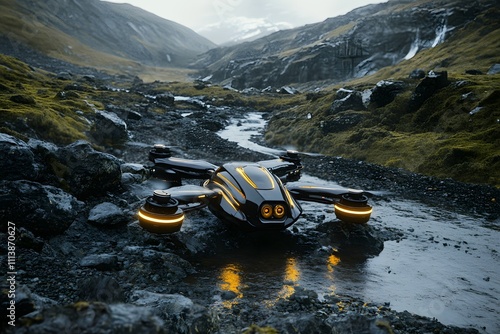 A generic eVTOL electric vertical take off and landing aircraft on a helipad with rotors rotating at night with skyscrapers in background. photo