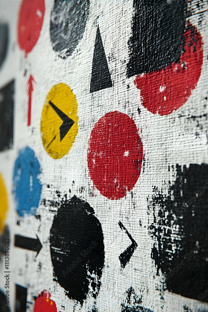Fototapeta premium Abstract art with textured circles, arrows, and shapes on canvas.