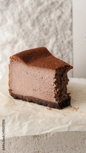 Close-up of a fork breaking a chocolate cake. chocolate cheesecake on a light background