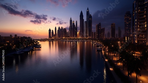 Sunrise cityscape reflecting on tranquil water, illuminated skyscrapers, palm trees lining waterfront promenade.