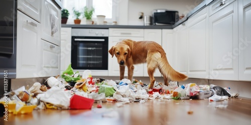 dog has destroyed the trash