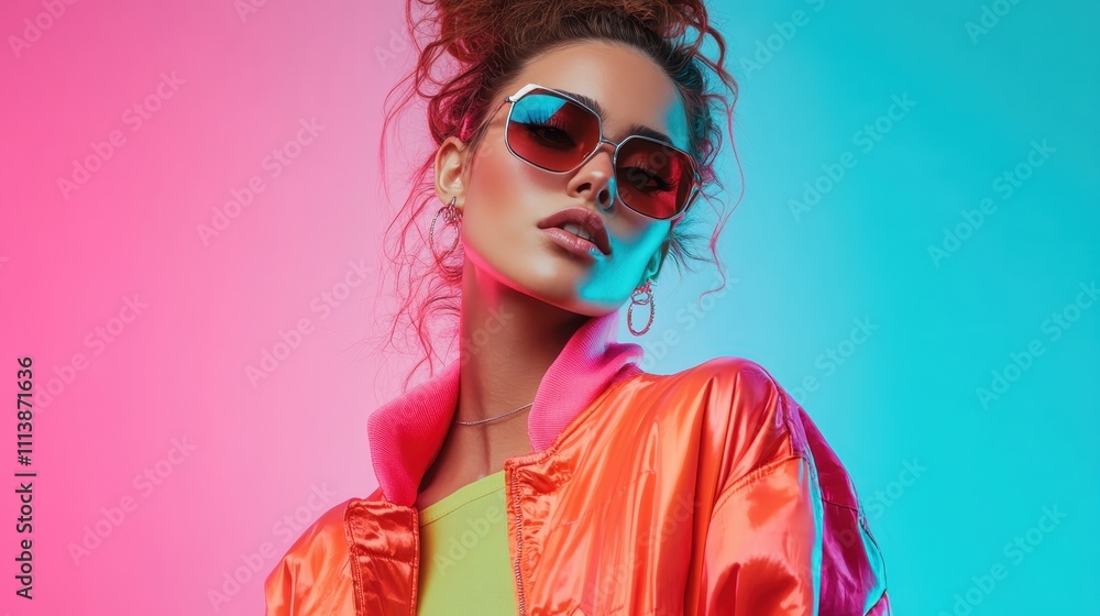 A fashionable woman poses confidently against a pink and blue neon backdrop, highlighting modern style and bold expression in a dynamic urban setting. A fashionable woman poses confidently against a pink and blue neon backdrop, highlighting modern style and bold expression in a dynamic urban setting.