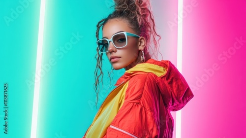 Stylish portrait of a woman in a bright outfit and sunglasses, set against a vibrant neon backdrop, expressing modern fashion and youthful energy. photo