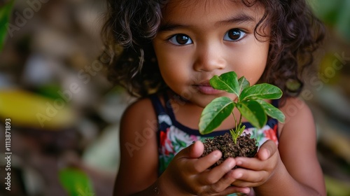 A smiling little Asian girl holds a small tree in her hand, symbolizing environmental care. This instills in children the importance of caring for the environment. photo