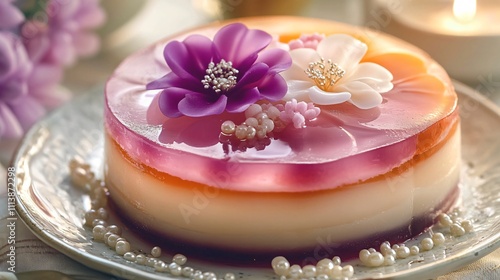 Layered jello cake shaped like a flower, with delicate decorations of edible flowers and sugar pearls