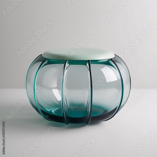 Glass sculpture of modern pouf with mint green to teal gradient surface and frosted edges, light gray background, generative ai photo