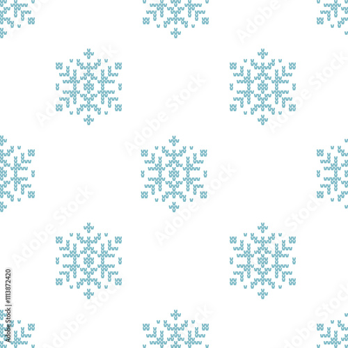 Beautiful 6-sided Blue Snowflakes Seamless Geometric Pattern. Embroidery Knitted Texture made from loops. White Background. Six pointed symmetry. Vector illustration