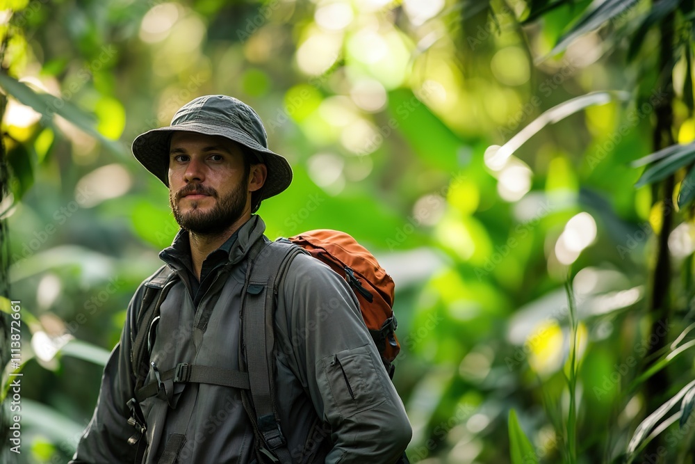 Man in hat exploring lush green forest with backpack Man in hat exploring lush green forest with backpack