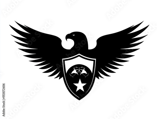 Black eagle with shield and star emblem. photo