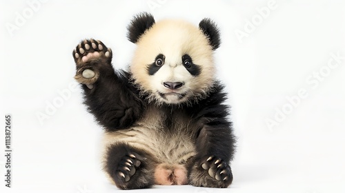 Cute baby panda sitting with paws up on white.