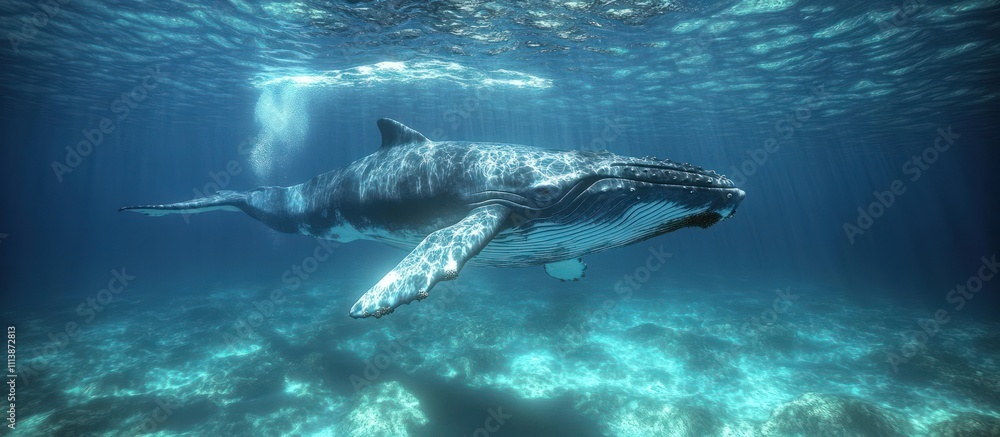 Naklejka premium Underwater humpback whale gracefully swimming in the ocean.